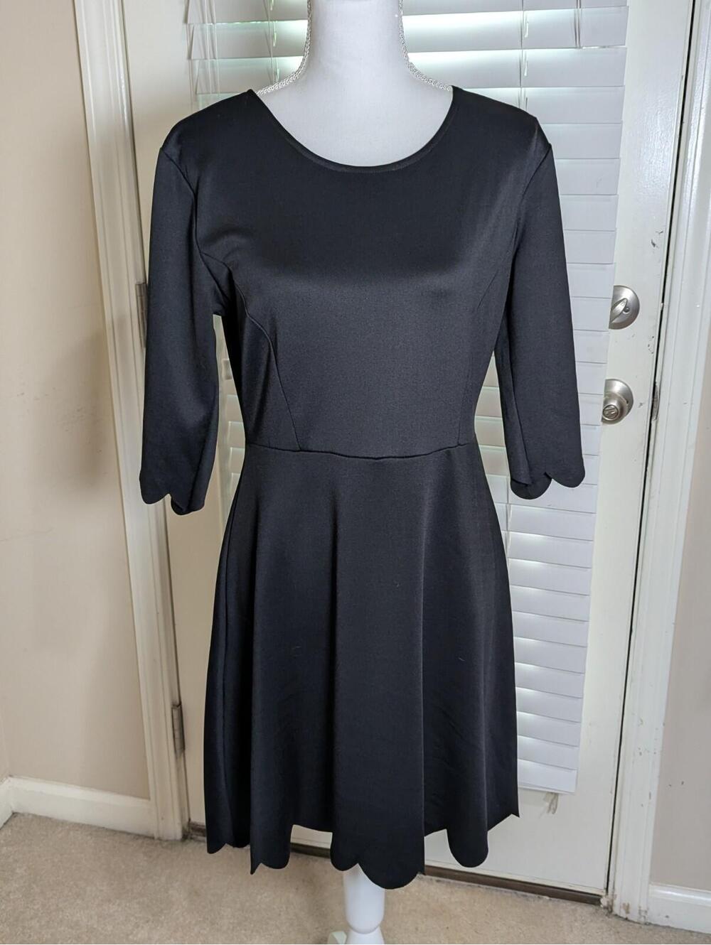 Women's Lunnow Black Midi Dress 1/2 Sleeve Scalloped Hem Large Timeless Staple